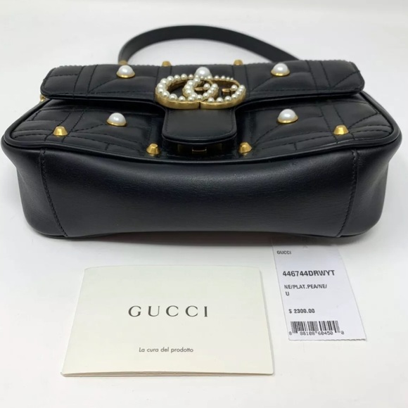 Gucci Marmont Black Leather, Pearl Studded Bag - Picture 5 of 7